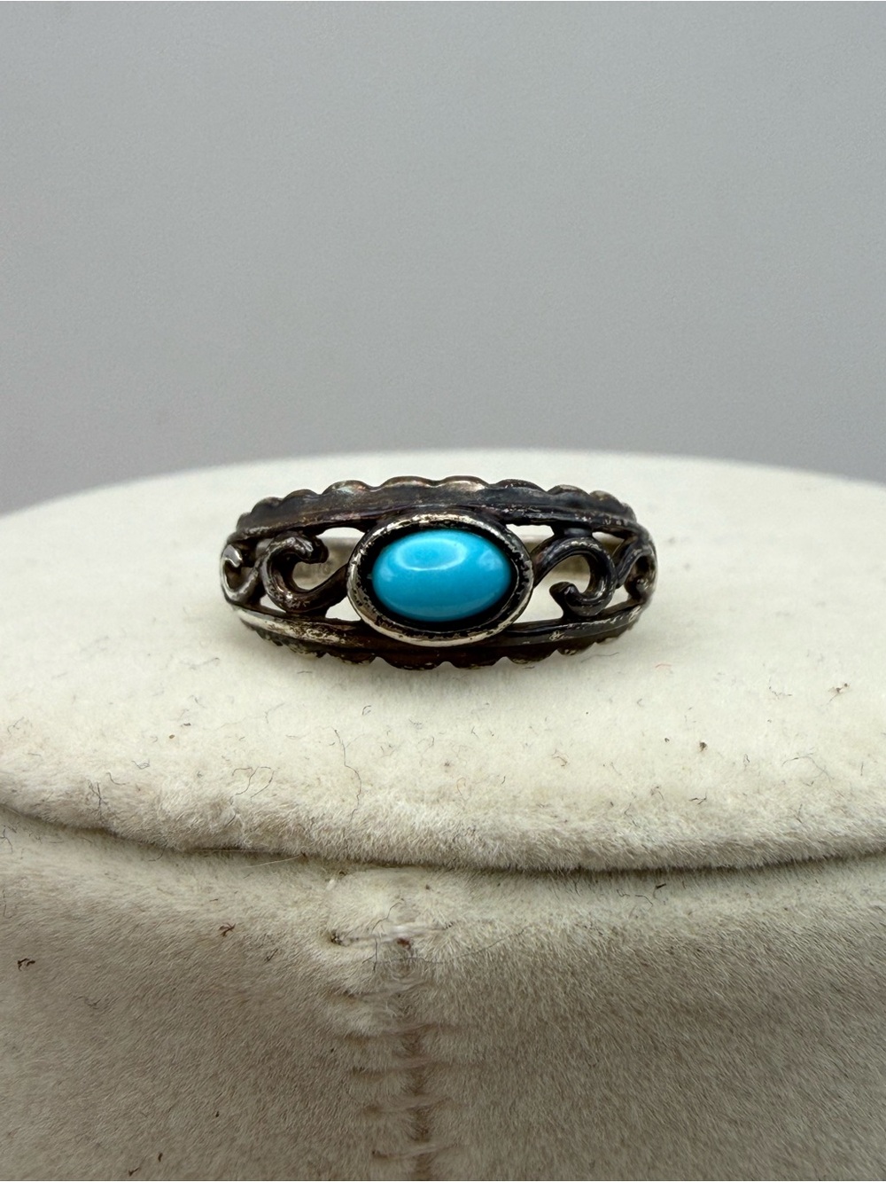 Vintage Sterling Silver Turquoise Cabochon Scroll Ring Size 7.5 Southwestern